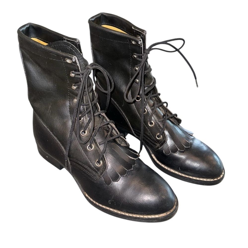 Vintage Bronco Roper Women’s Black Lace Up Western Boots Fringe 90s USA Sz 5 D